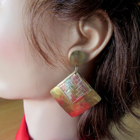 Brass, copper & silver toned basketweave earrings - Picture 3 of 7